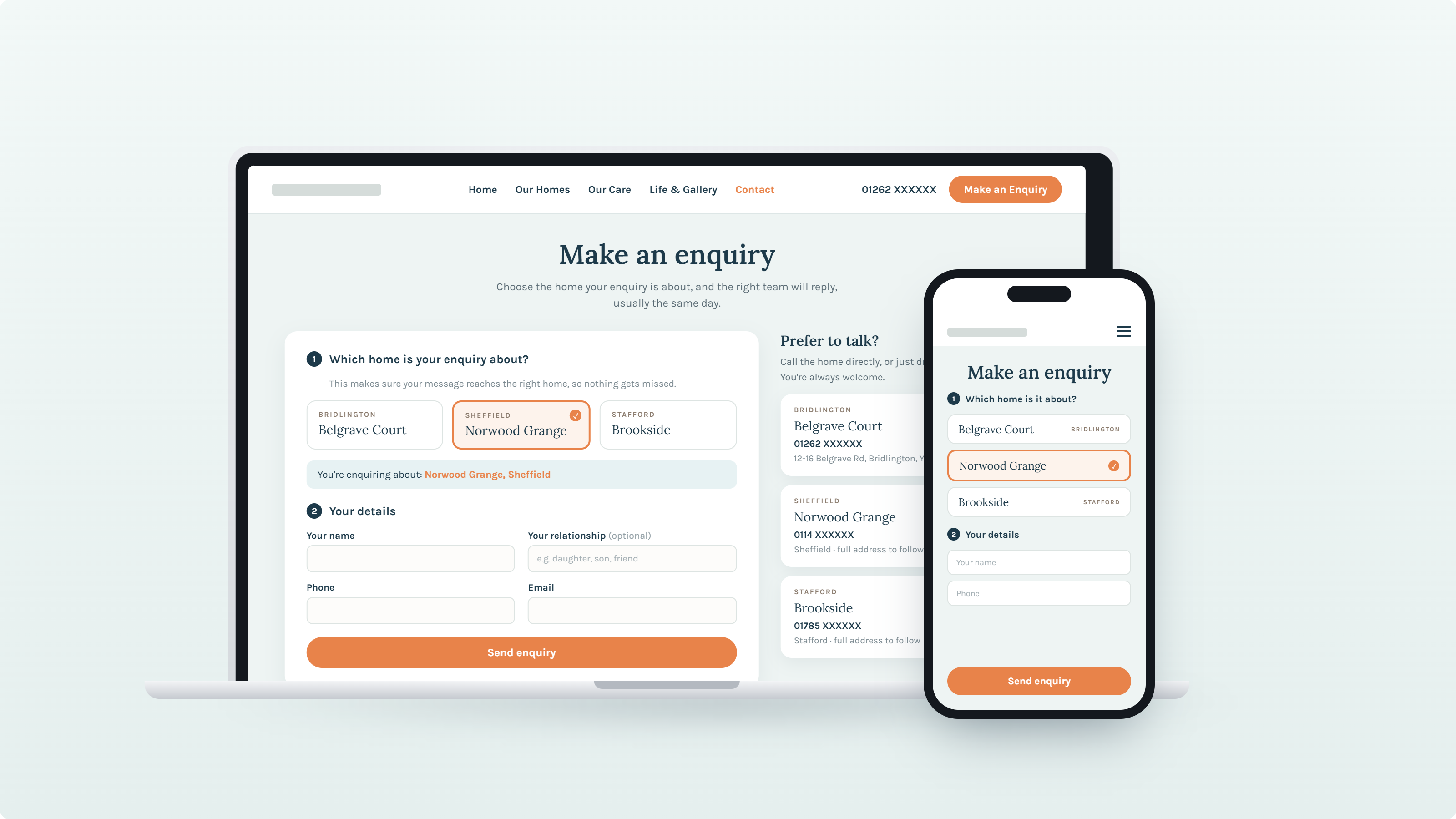 A Heritage-built care home enquiry page on laptop and phone, letting a family choose which home their enquiry is about.