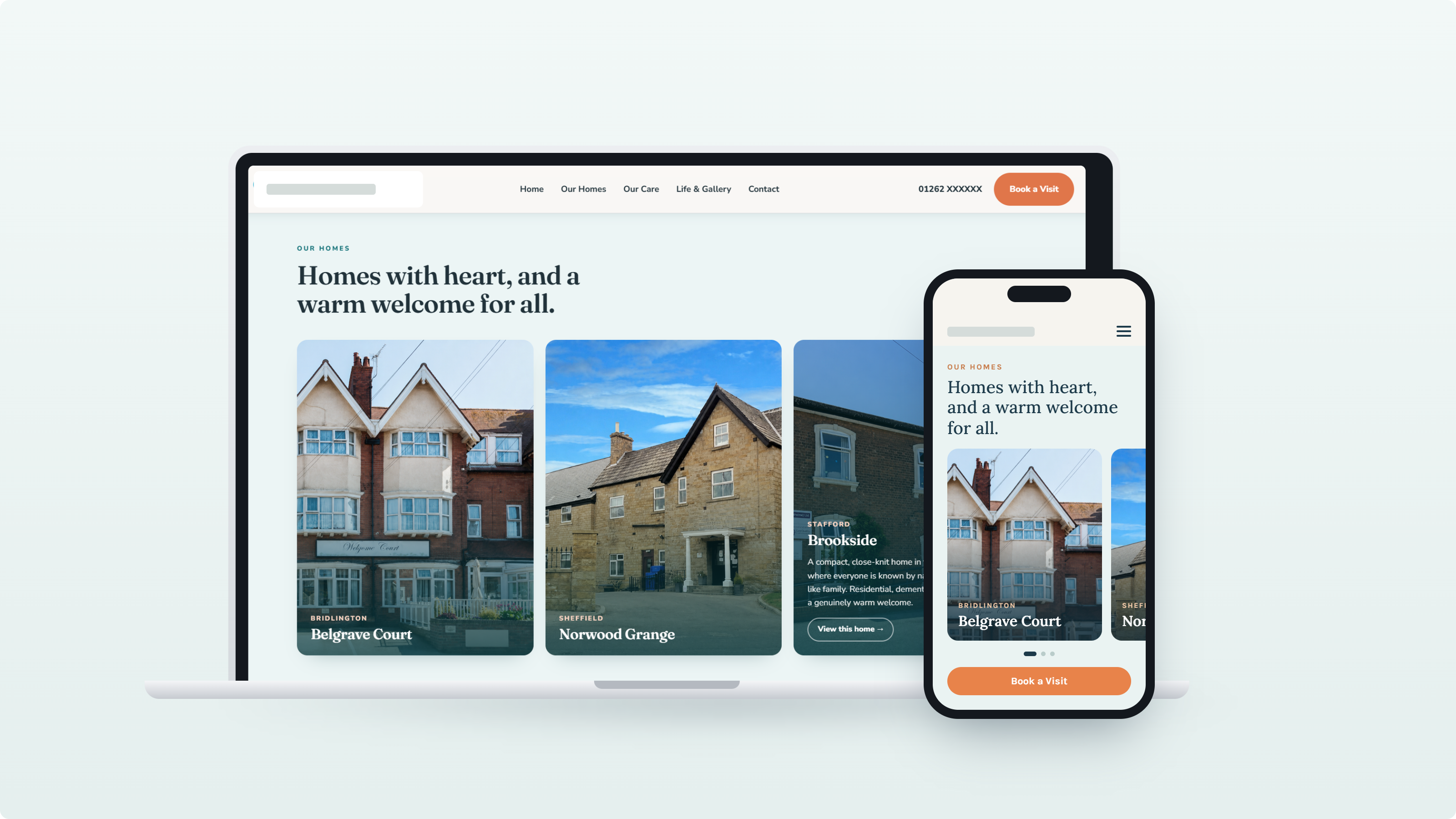 A Heritage-built care home group website shown on laptop and phone, with a warm carousel of homes for families to choose from.