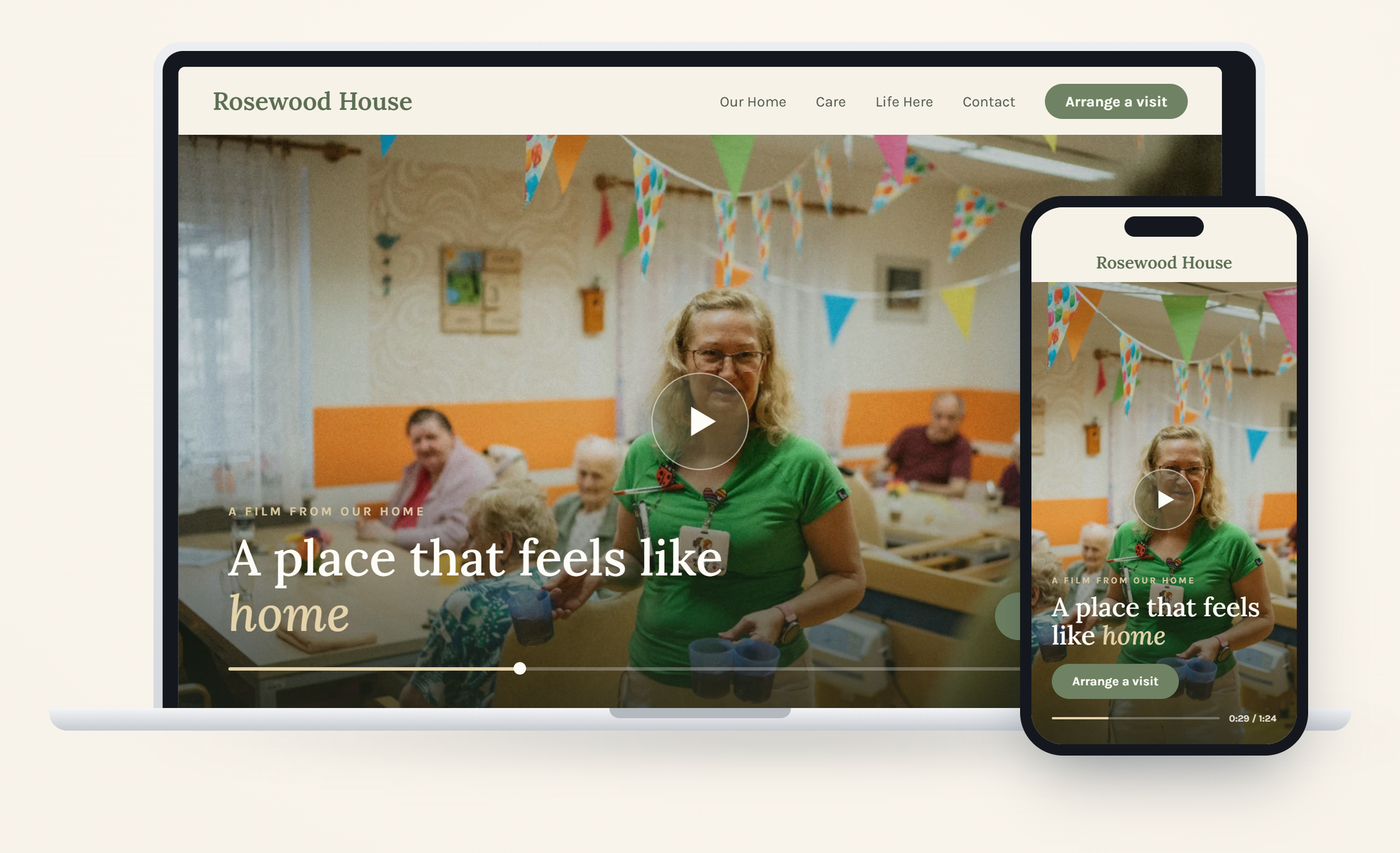A Heritage-built care home website on laptop and phone, opening with a cinematic film of life inside the home.