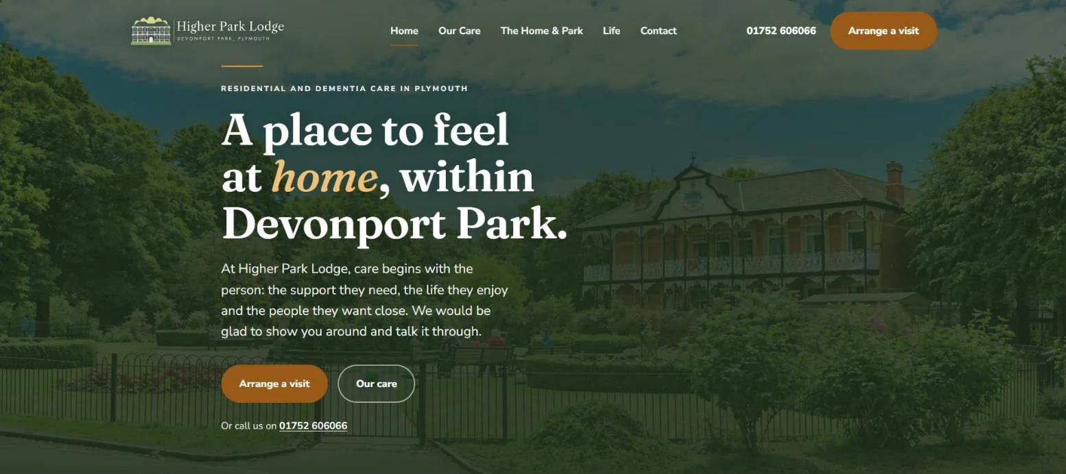 The Higher Park Lodge website, opening on the home among the trees of Devonport Park under the headline A place to feel at home, within Devonport Park.